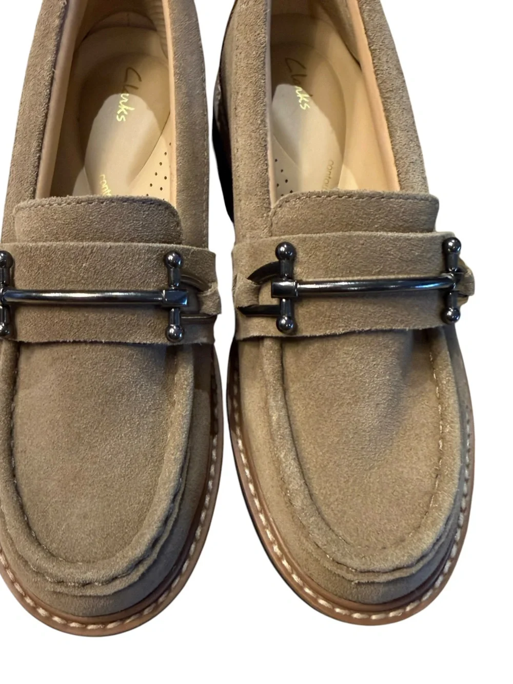 Clark’s Taupe Suede Women's Size 6 Lug Sole Loafers with Metal Bit